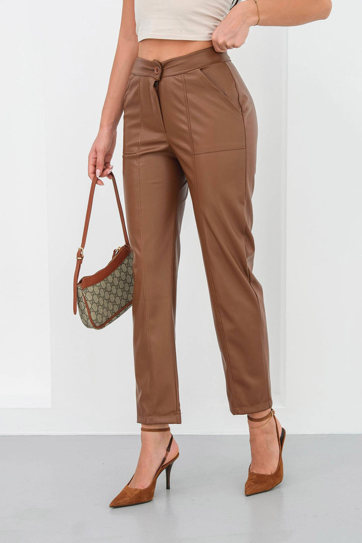 Brown Faux Leather Pants with Double Pockets and Front Seam Detail BCHN-25265098 - Broomfield