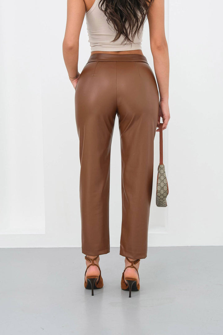 Brown Faux Leather Pants with Double Pockets and Front Seam Detail BCHN-25265098 - Broomfield