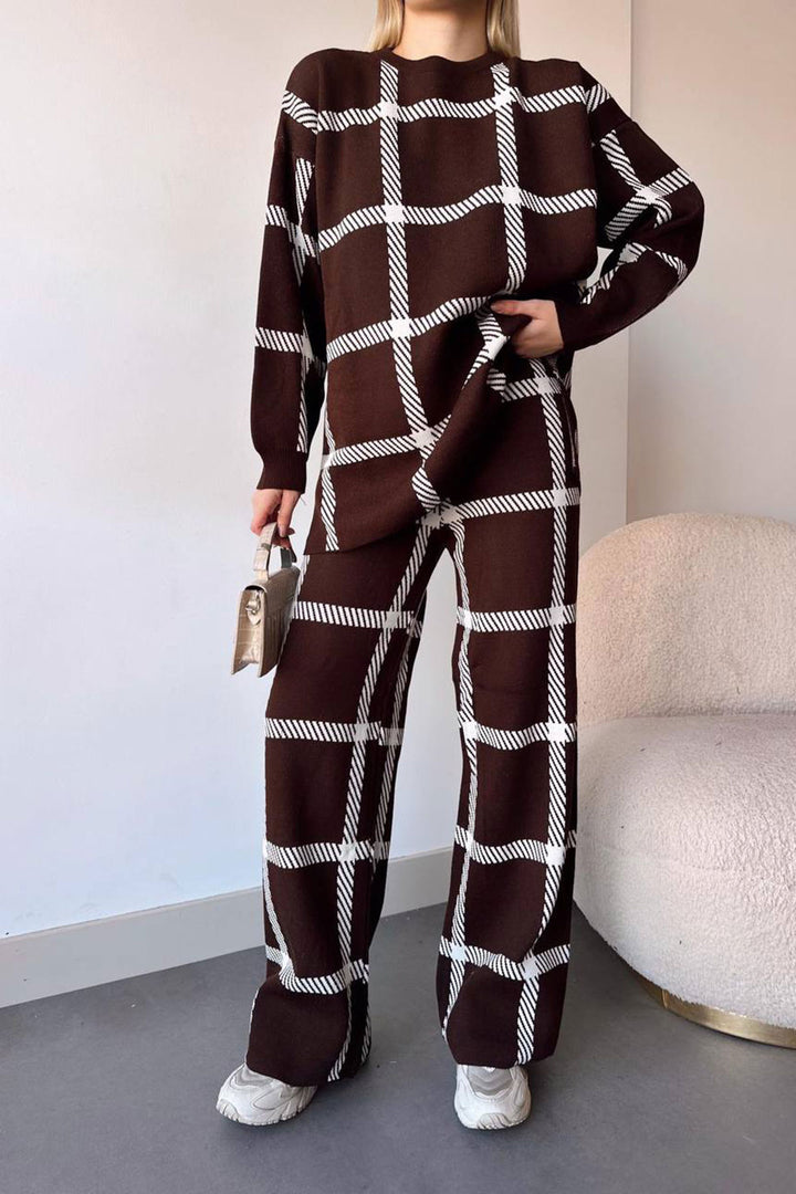 Brown Striped Bicycle Collar Sweater and Palazzo Pants Top Bottom Knit Set BCHN-25T260 - Modica