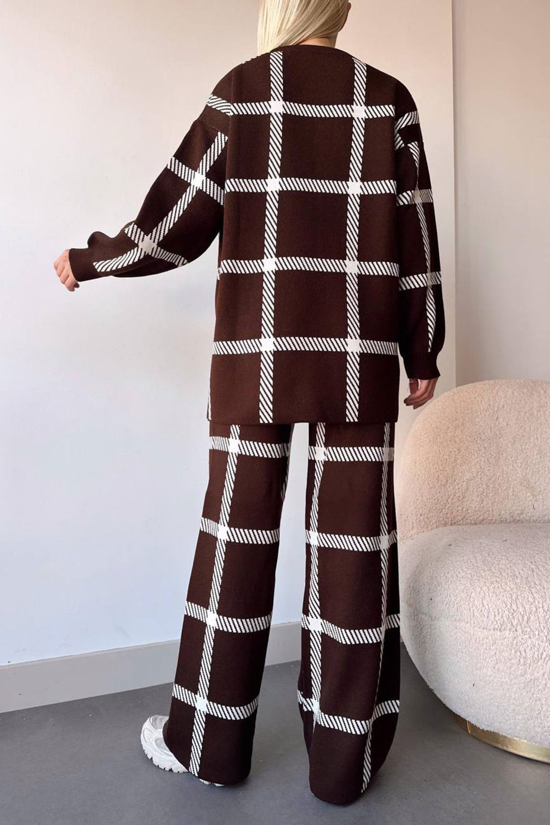 Brown Striped Bicycle Collar Sweater and Palazzo Pants Top Bottom Knit Set BCHN-25T260 - Modica
