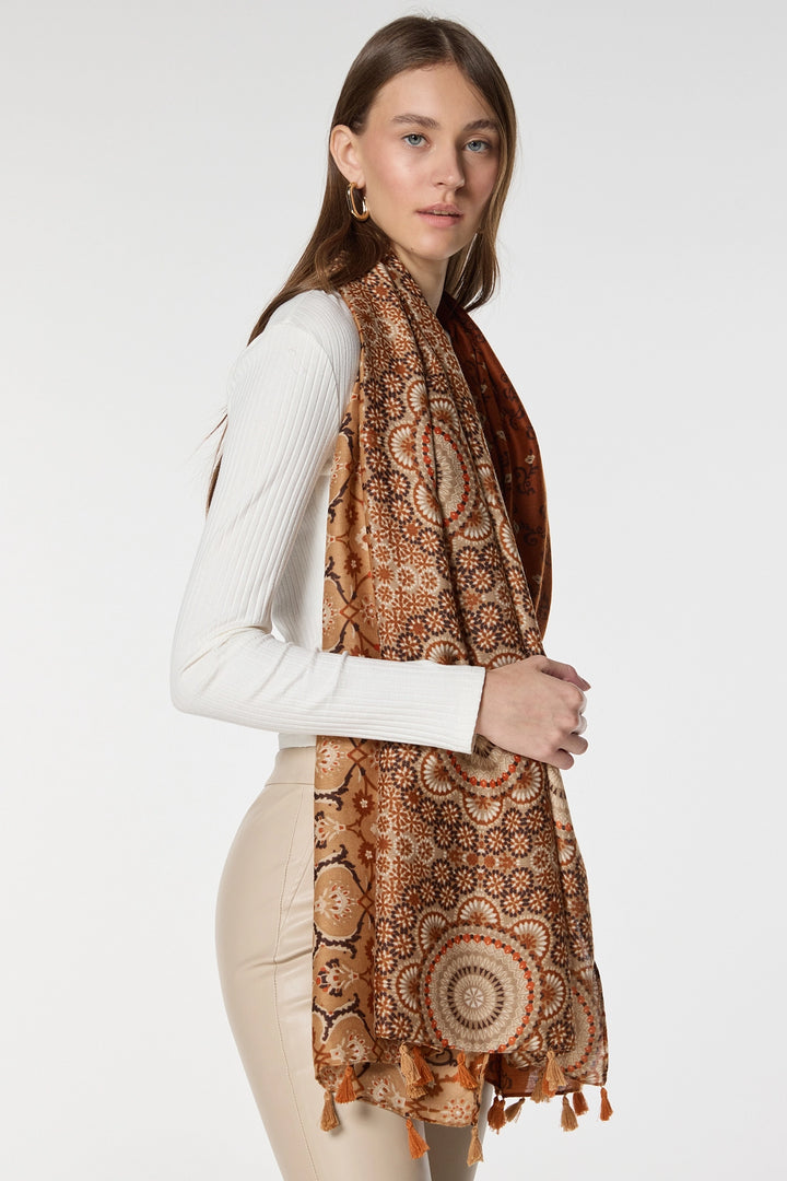 Brown Multi-Patterned Fringed Shawl BCNSV-2515069 - Fresno