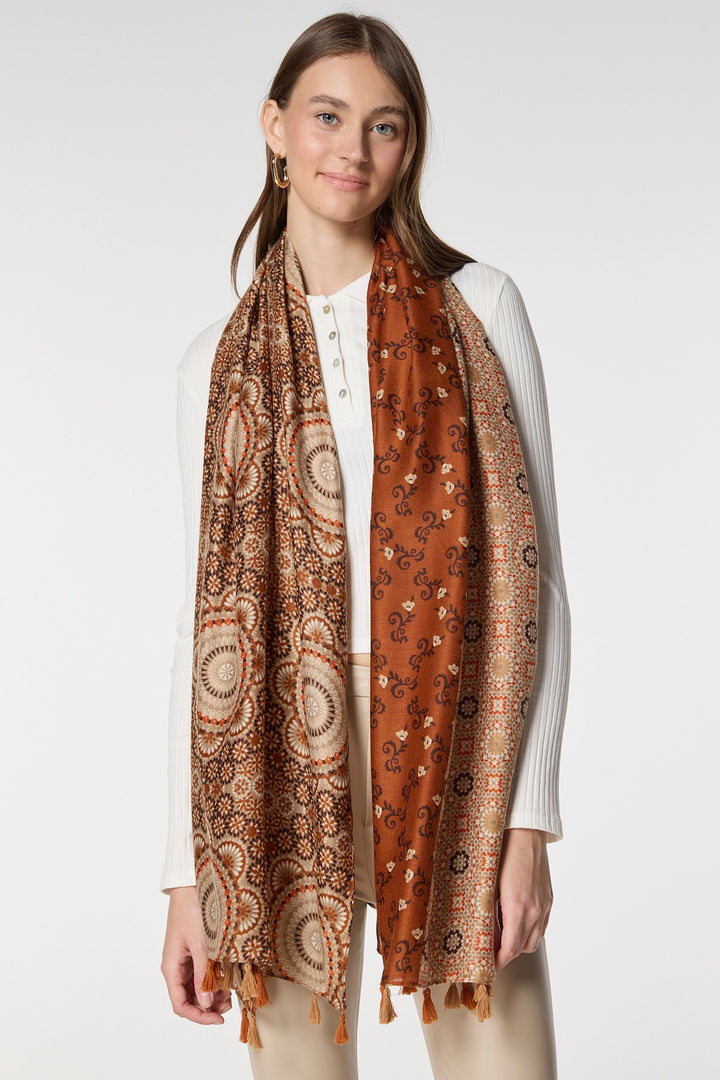 Brown Multi-Patterned Fringed Shawl BCNSV-2515069 - Fresno