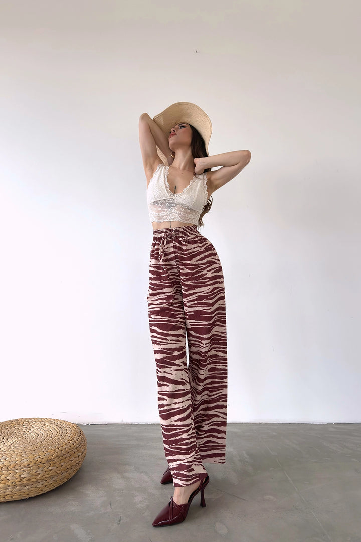 Brown Patterned Elastic Waist Ruffled Pants BCDF-241104 - Ciudad Obregón