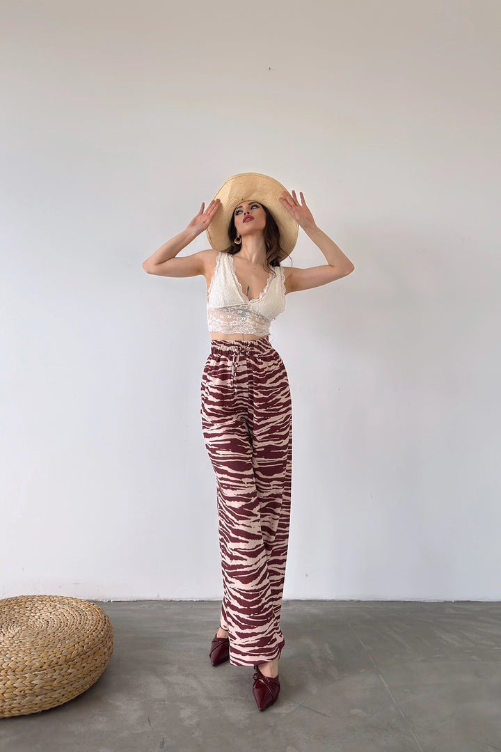 Brown Patterned Elastic Waist Ruffled Pants BCDF-241104 - Ciudad Obregón