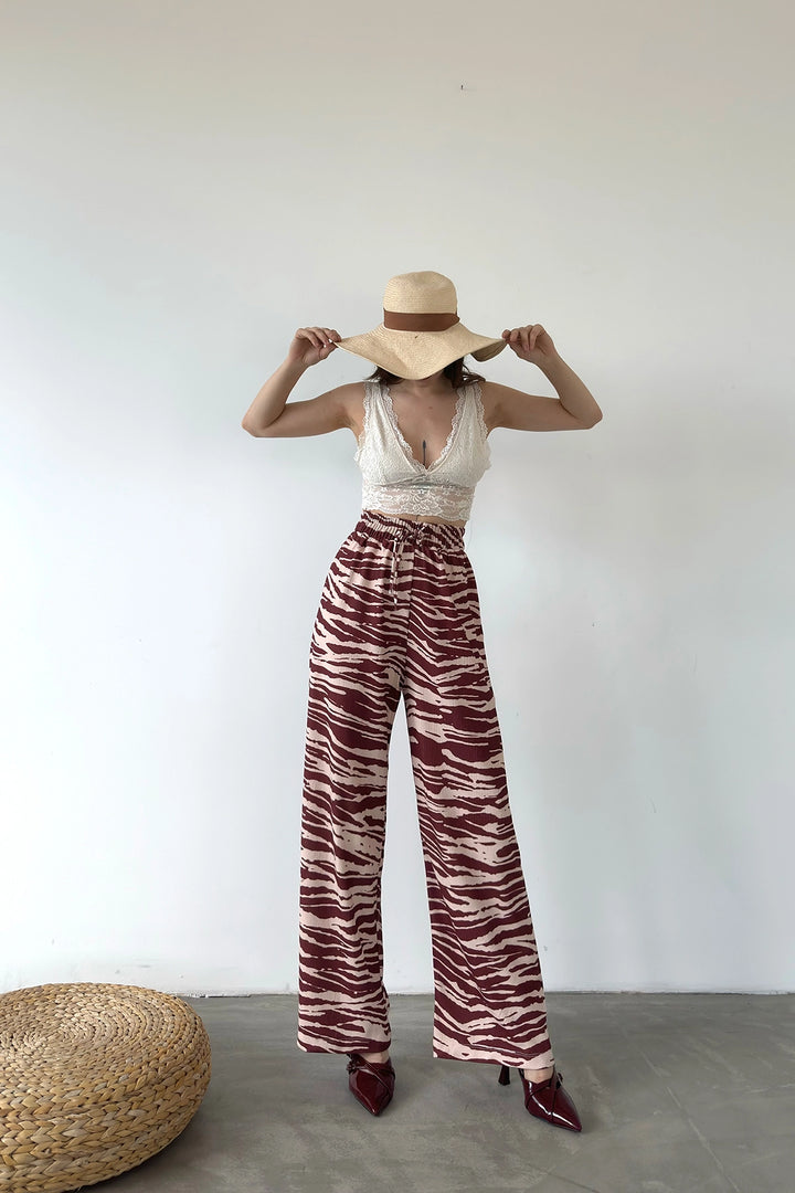 Brown Patterned Elastic Waist Ruffled Pants BCDF-241104 - Ciudad Obregón