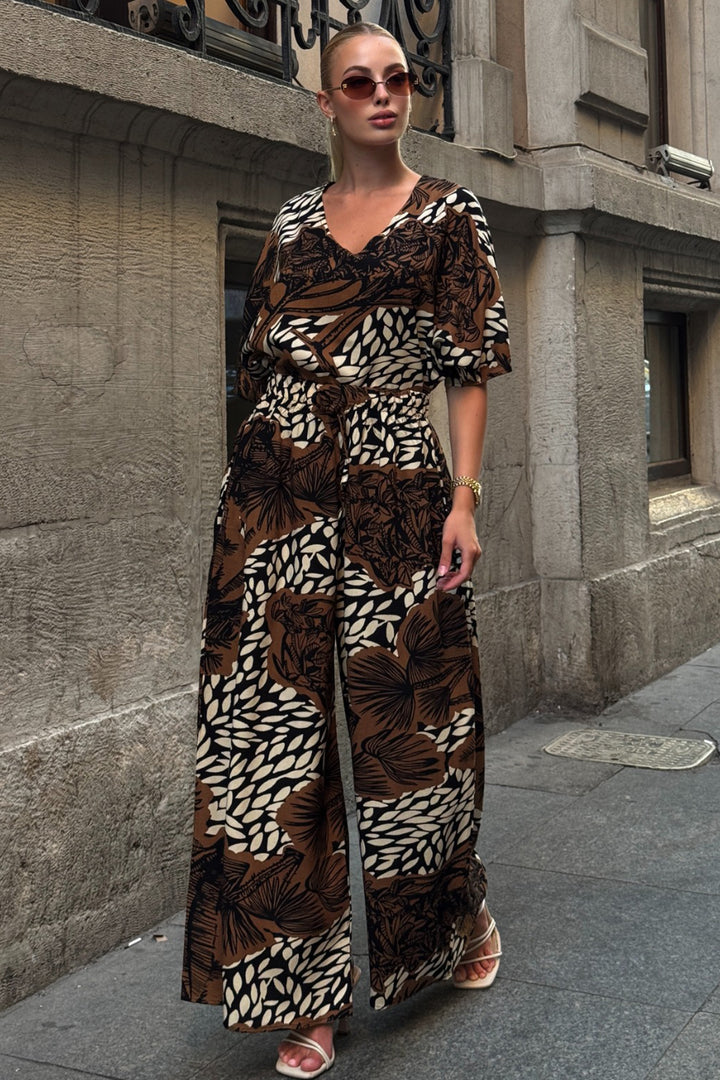 Brown Patterned V-Neck Half Sleeve Blouse and Elastic Waist Palazzo Pants Set BCVL-254001 - Varese