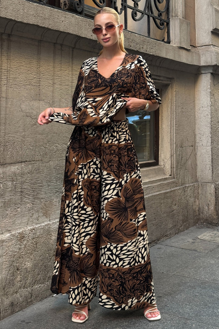Brown Patterned V-Neck Half Sleeve Blouse and Elastic Waist Palazzo Pants Set BCVL-254001 - Varese