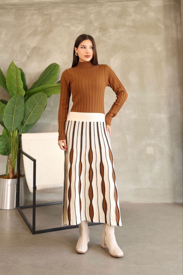Brown High Neck Skirt-Look One-Piece Patterned Knit Dress BCES-252020 - Tamiami
