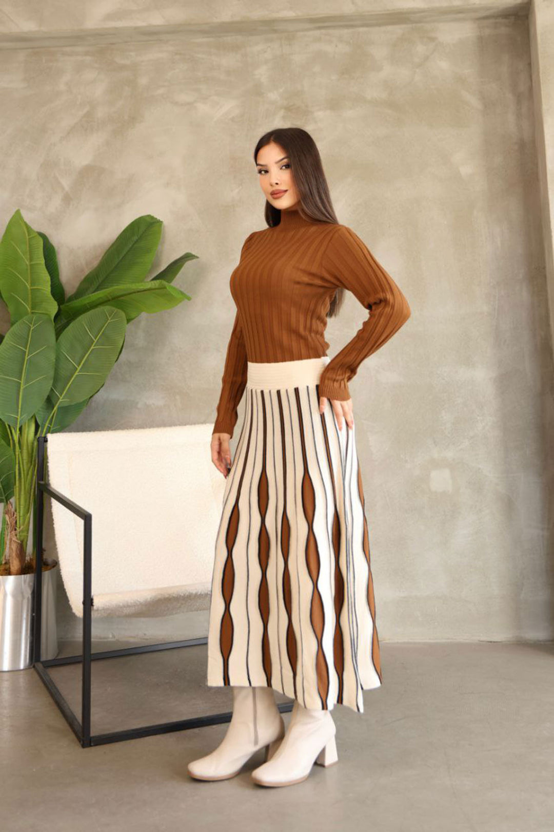 Brown High Neck Skirt-Look One-Piece Patterned Knit Dress BCES-252020 - Tamiami