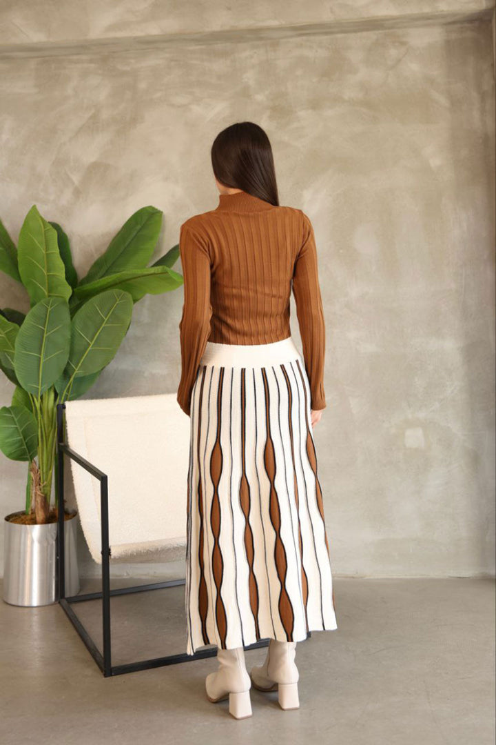Brown High Neck Skirt-Look One-Piece Patterned Knit Dress BCES-252020 - Tamiami