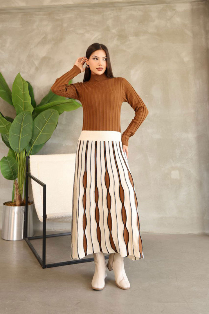 Brown High Neck Skirt-Look One-Piece Patterned Knit Dress BCES-252020 - Tamiami