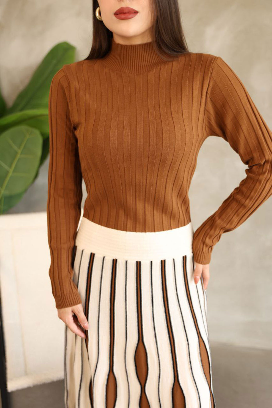 Brown High Neck Skirt-Look One-Piece Patterned Knit Dress BCES-252020 - Tamiami