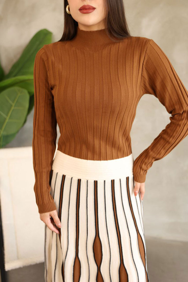 Brown High Neck Skirt-Look One-Piece Patterned Knit Dress BCES-252020 - Tamiami