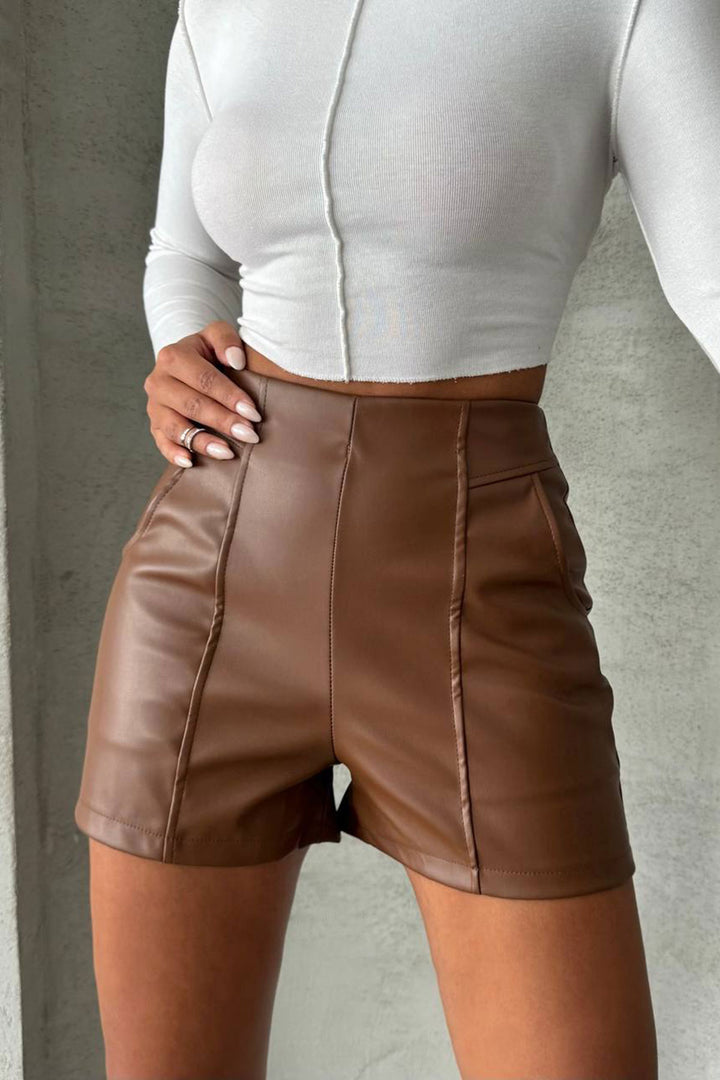 Brown Faux Leather Mini Shorts with Stitching Detail BCHN-25W26312 - Newport News