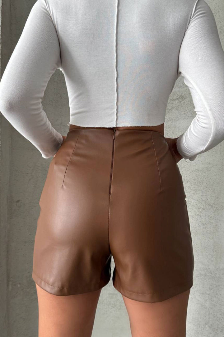 Brown Faux Leather Mini Shorts with Stitching Detail BCHN-25W26312 - Newport News