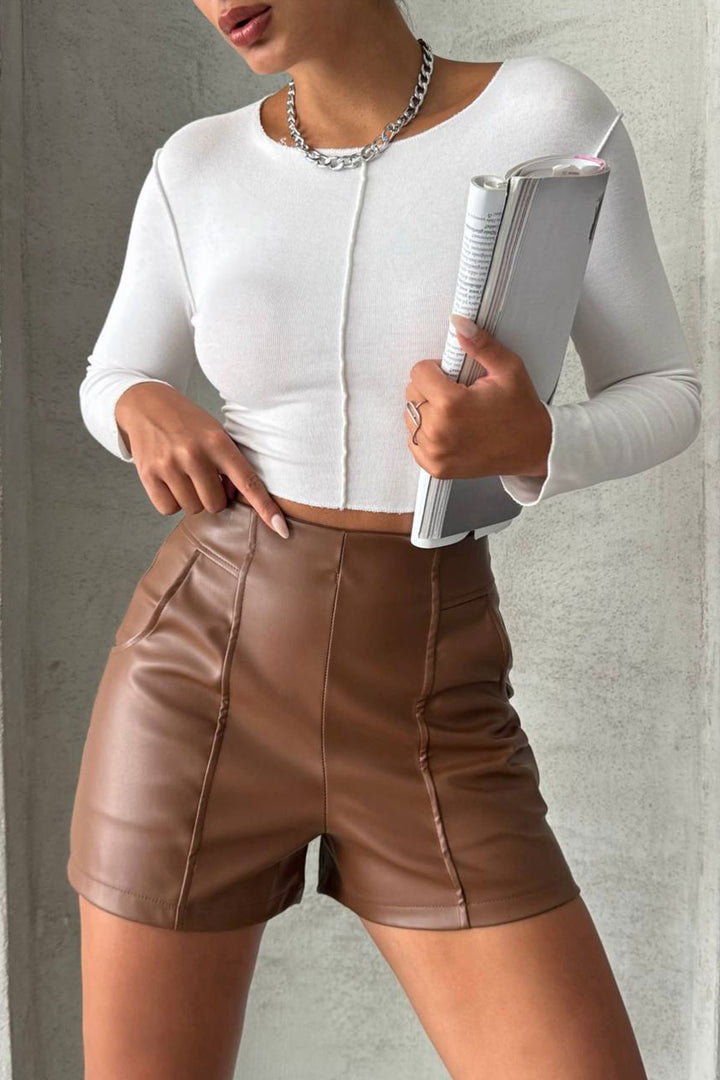 Brown Faux Leather Mini Shorts with Stitching Detail BCHN-25W26312 - Newport News