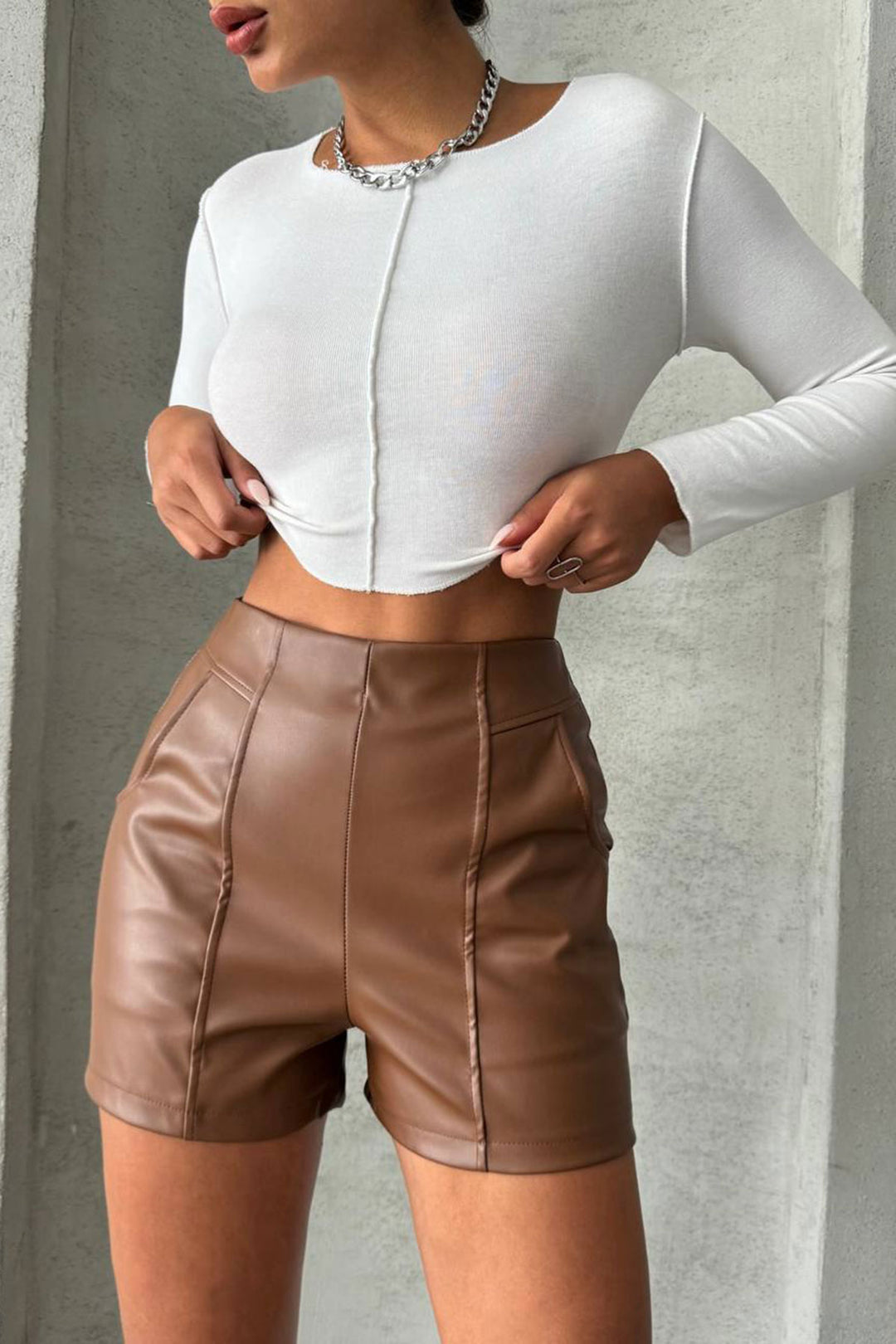 Brown Faux Leather Mini Shorts with Stitching Detail BCHN-25W26312 - Newport News