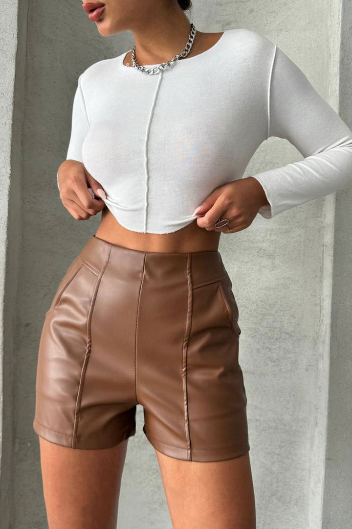 Brown Faux Leather Mini Shorts with Stitching Detail BCHN-25W26312 - Newport News