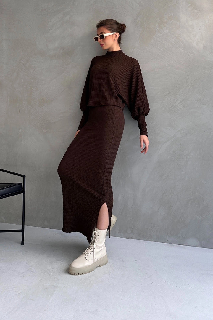 Brown Textured Slit Detailed Skirt and Blouse 2 Piece Set BCDF-242121 - Cleethorpes