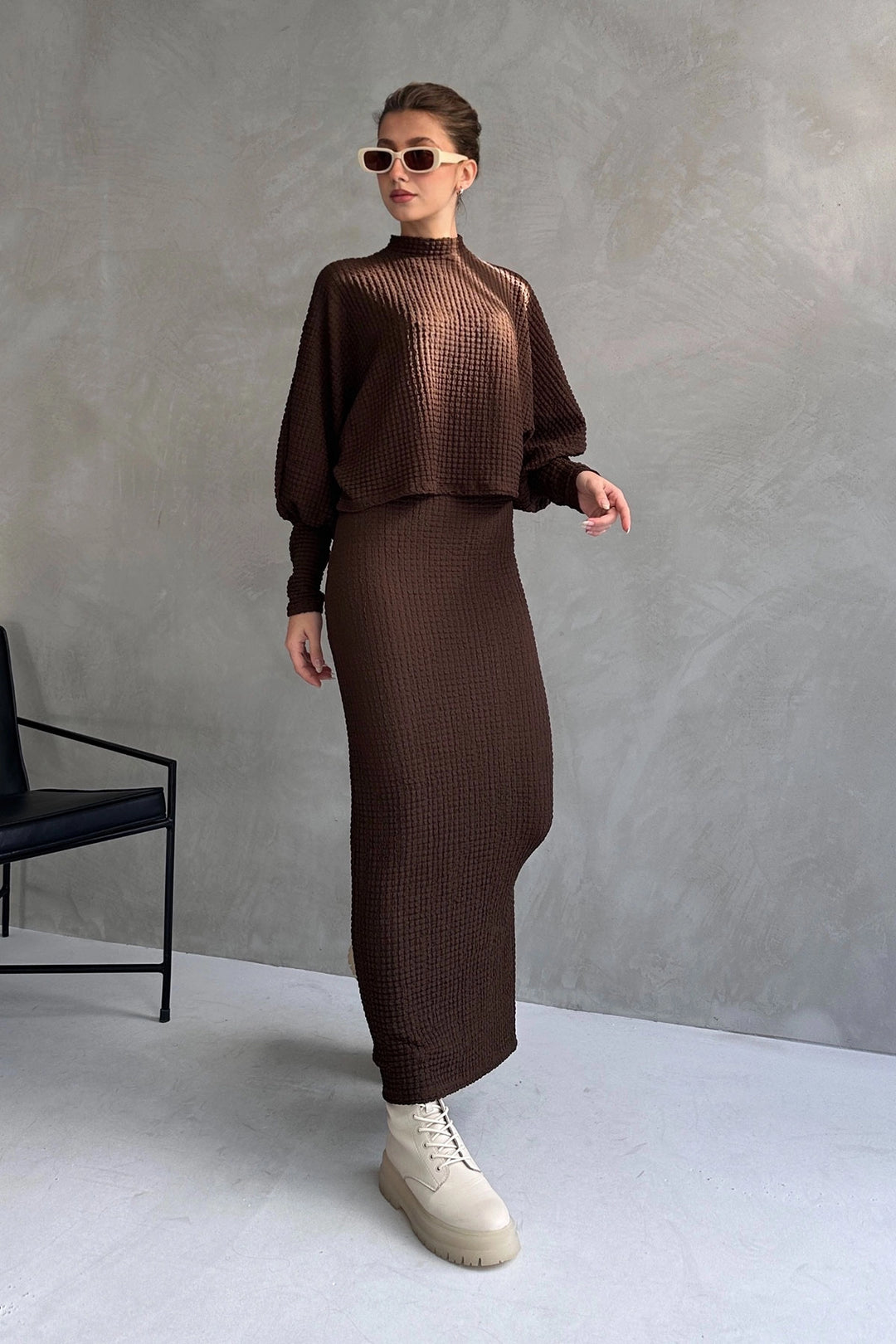 Brown Textured Slit Detailed Skirt and Blouse 2 Piece Set BCDF-242121 - Cleethorpes