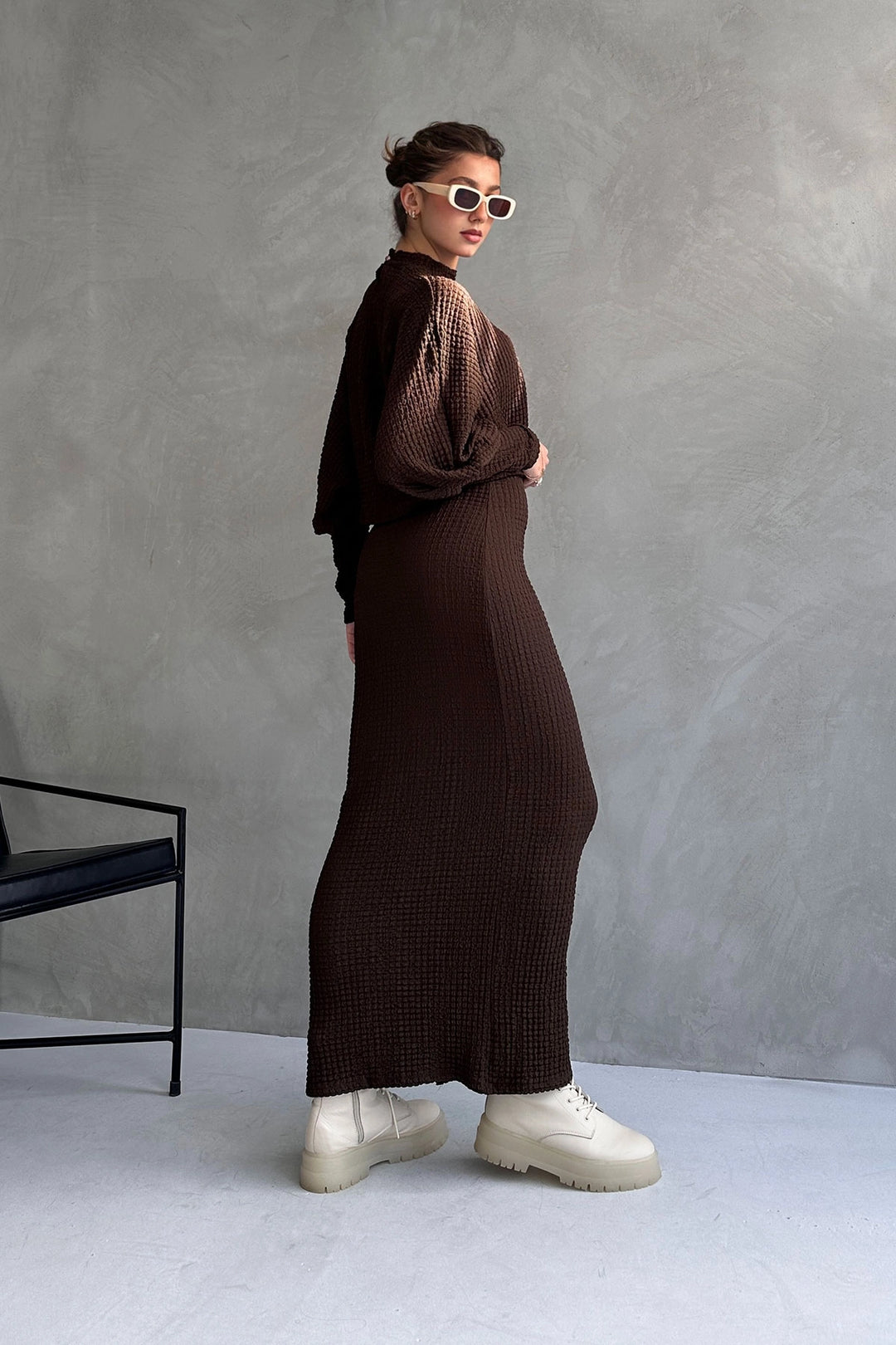 Brown Textured Slit Detailed Skirt and Blouse 2 Piece Set BCDF-242121 - Cleethorpes