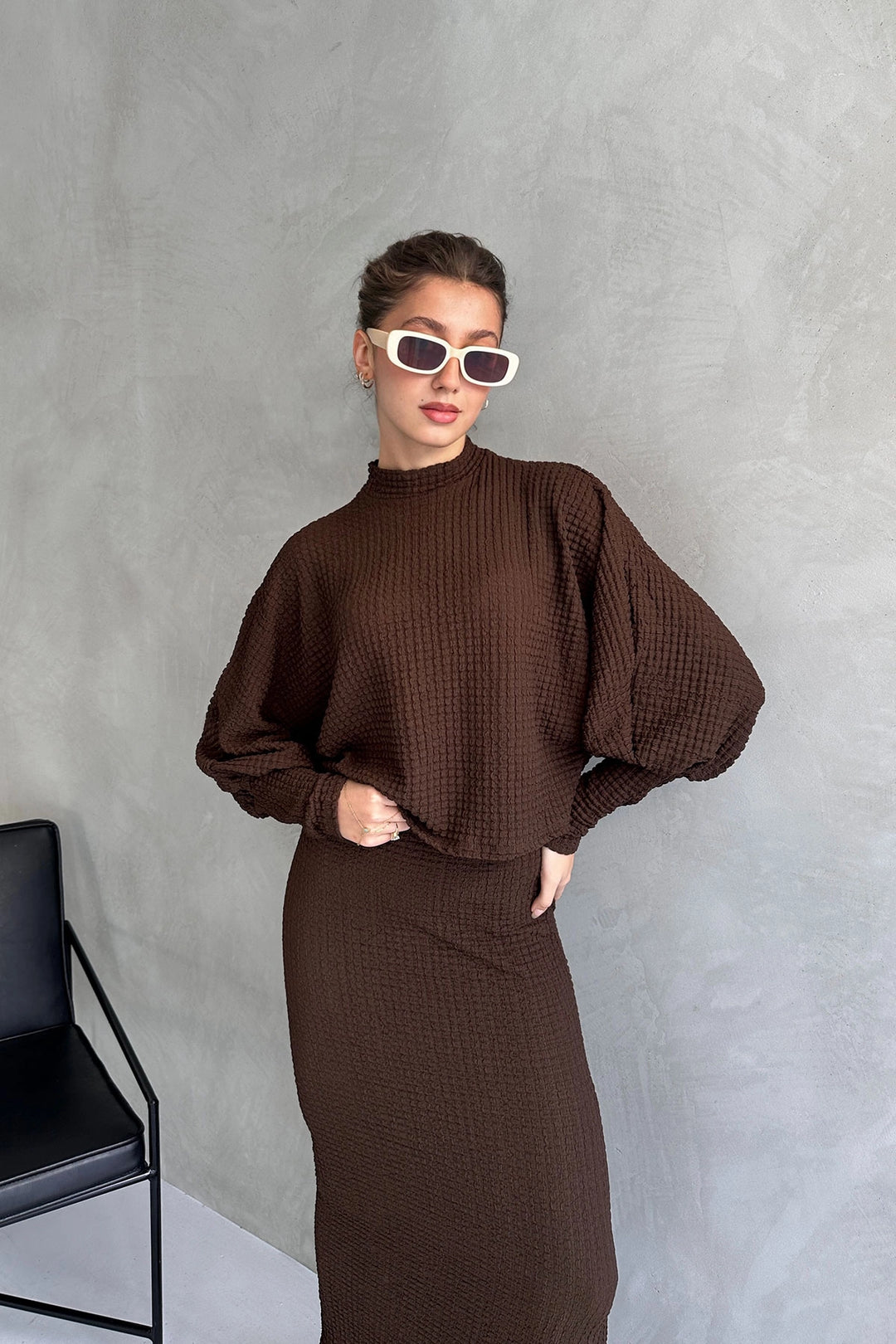 Brown Textured Slit Detailed Skirt and Blouse 2 Piece Set BCDF-242121 - Cleethorpes