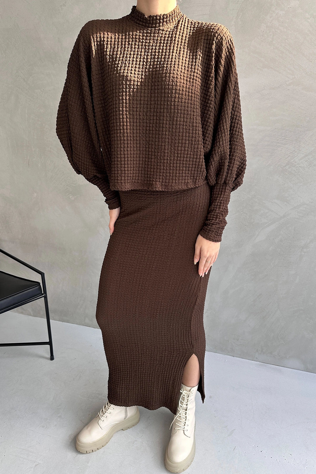 Brown Textured Slit Detailed Skirt and Blouse 2 Piece Set BCDF-242121 - Cleethorpes