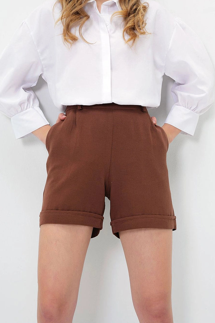 Brown Double Pleated Hidden Zipper Summer Linen Woven Shorts BCIR-251002 - Remscheid