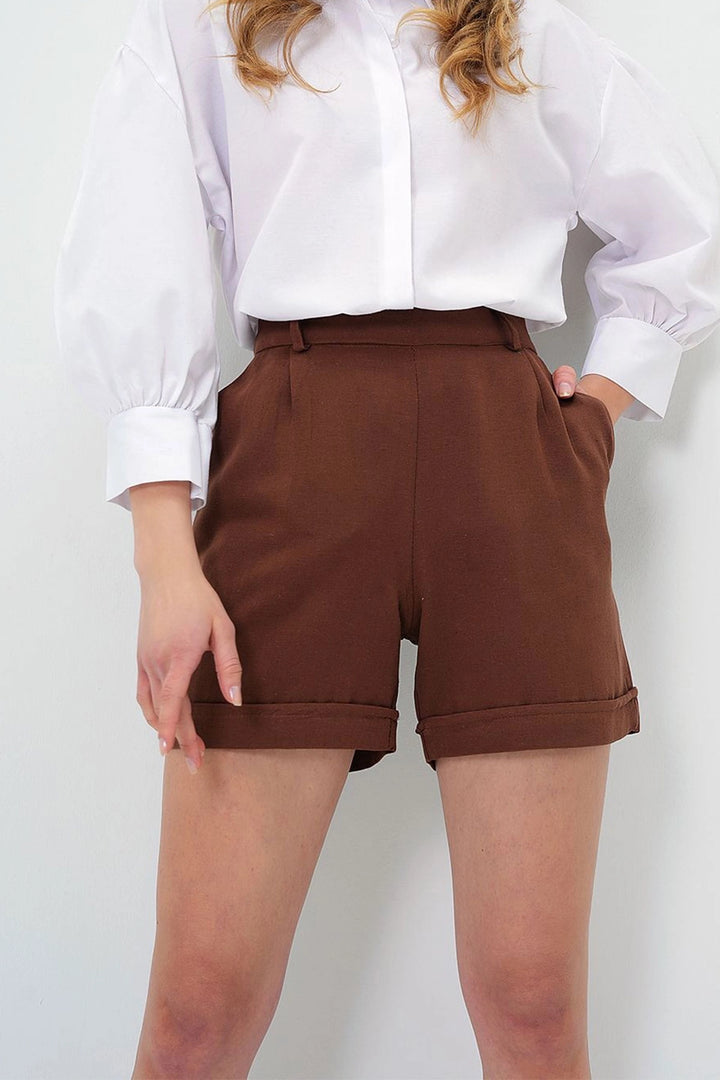Brown Double Pleated Hidden Zipper Summer Linen Woven Shorts BCIR-251002 - Remscheid