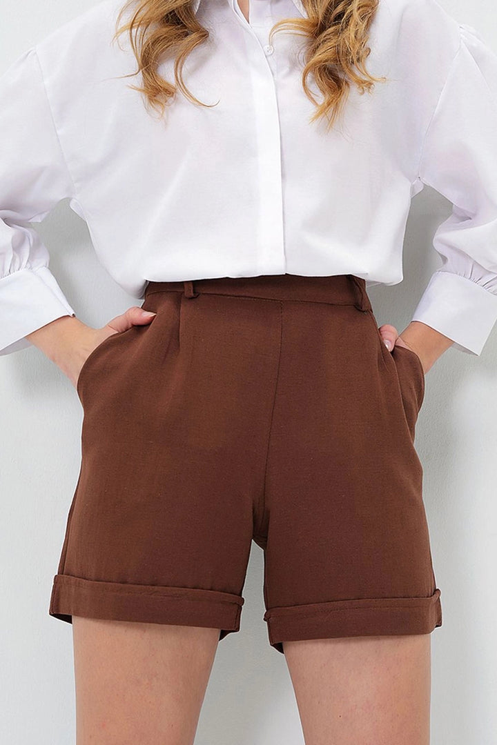 Brown Double Pleated Hidden Zipper Summer Linen Woven Shorts BCIR-251002 - Remscheid