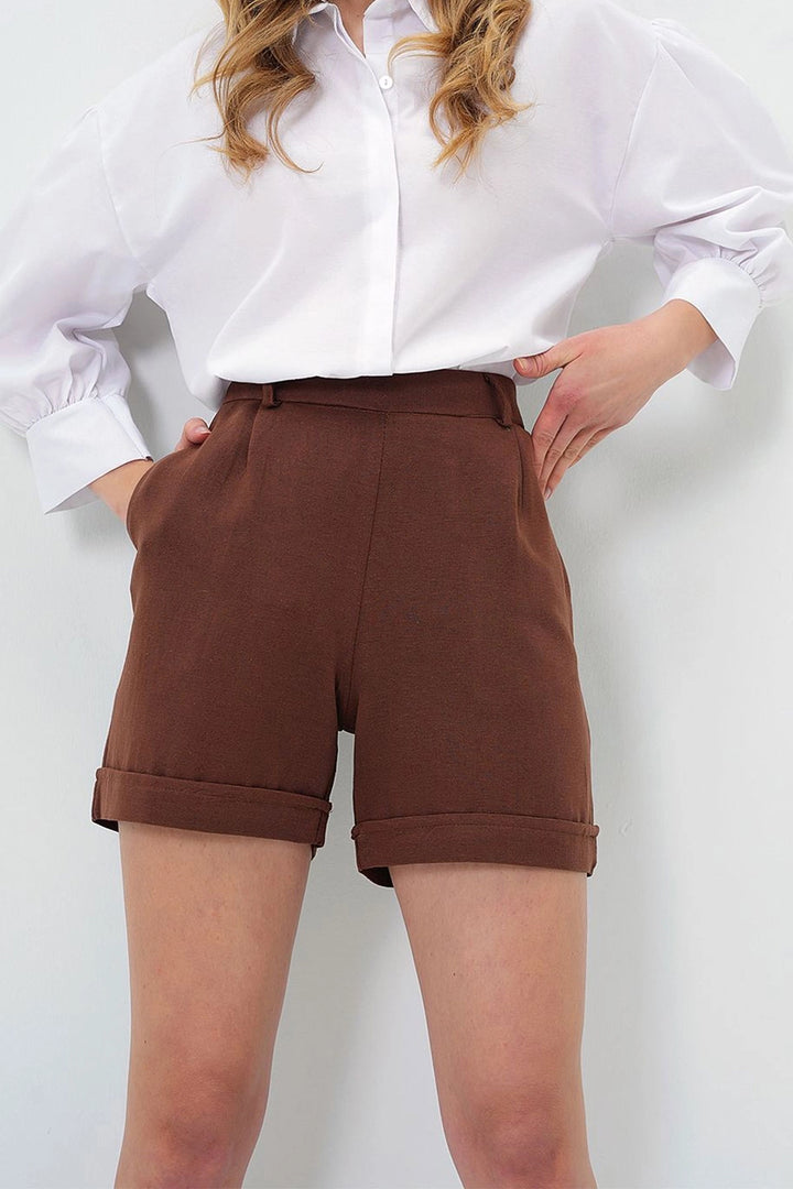 Brown Double Pleated Hidden Zipper Summer Linen Woven Shorts BCIR-251002 - Remscheid