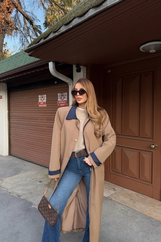 EYY Women Brown Button Detail Trench Coat - Zihuatanejo