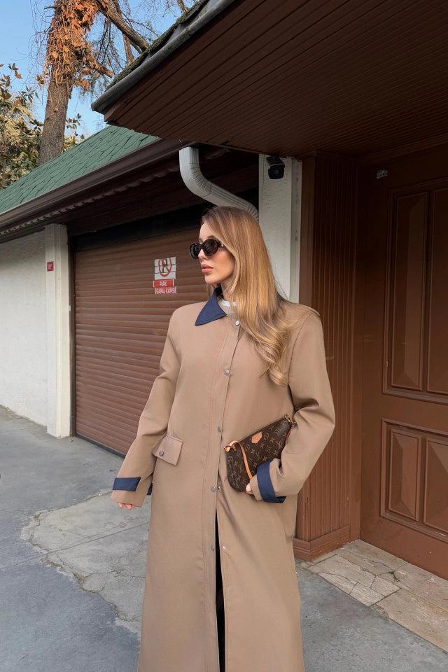 EYY Women Brown Button Detail Trench Coat - Zihuatanejo