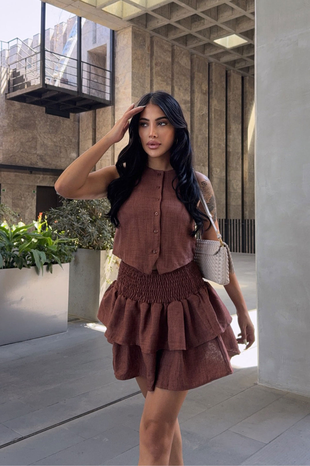 Brown Buttoned Blouse and Gipeli Mini Skirt Linen Woven Suit BCBT-251012 - Daugavpils