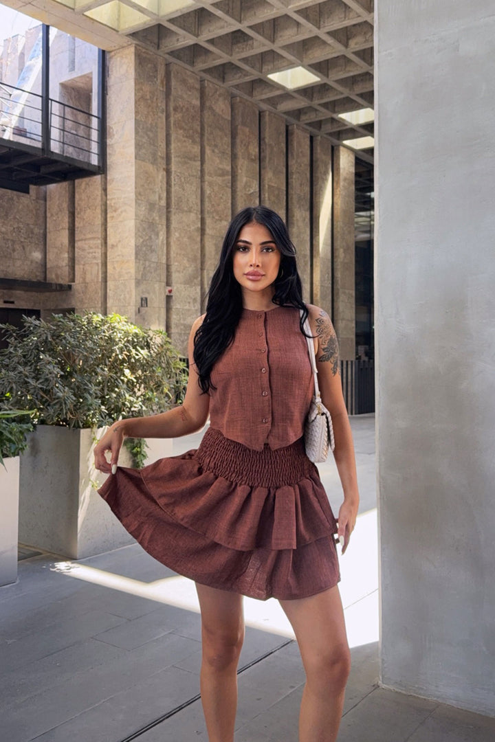 Brown Buttoned Blouse and Gipeli Mini Skirt Linen Woven Suit BCBT-251012 - Daugavpils