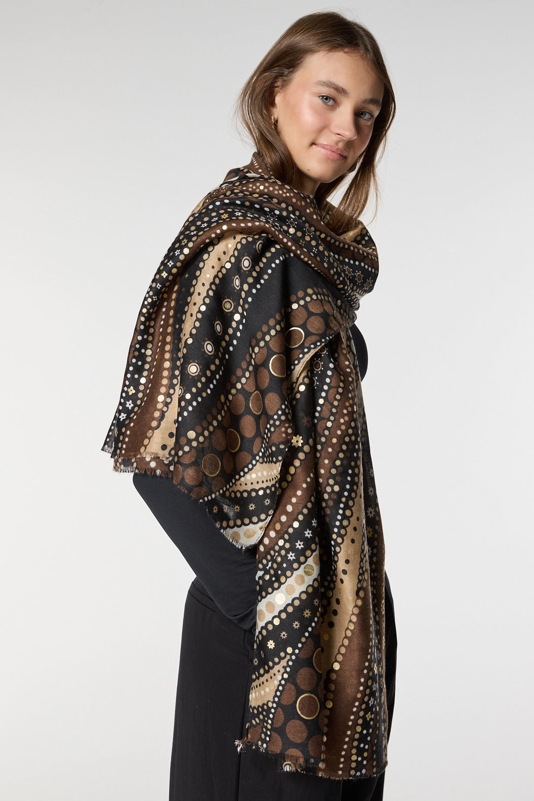 Brown Ethnic Patterned Foil and Tassel Shawl BCNSV-2515055 - Corvallis