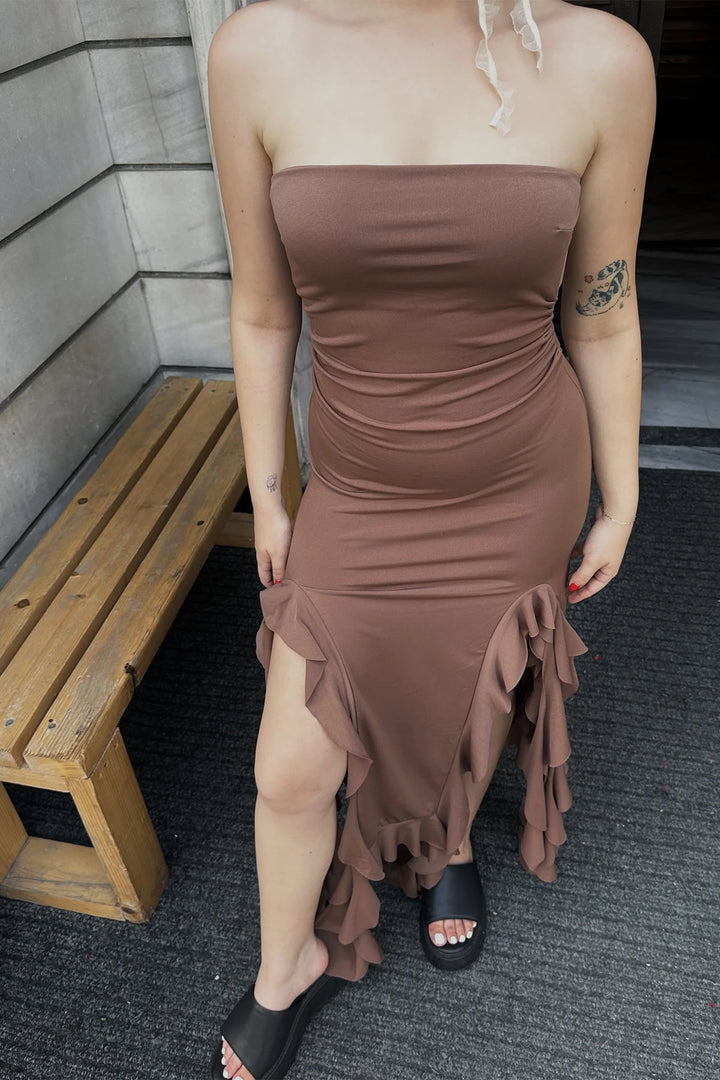 EYY Women Brown Ruffled Strapless Dress - Trento