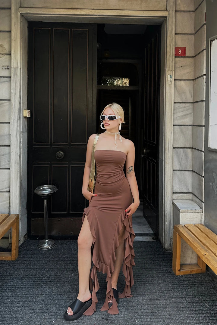 EYY Women Brown Ruffled Strapless Dress - Trento