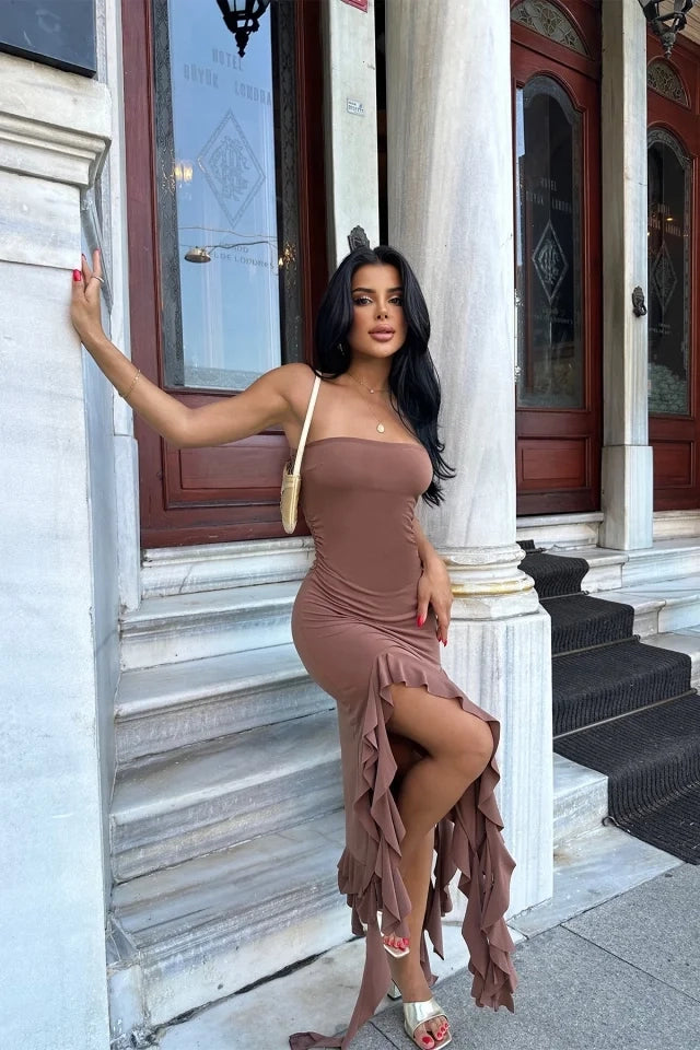 EYY Women Brown Ruffled Strapless Dress - Trento