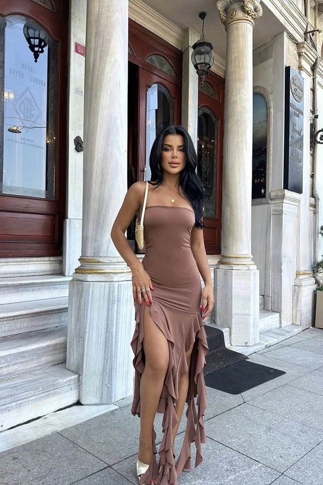 EYY Women Brown Ruffled Strapless Dress - Trento