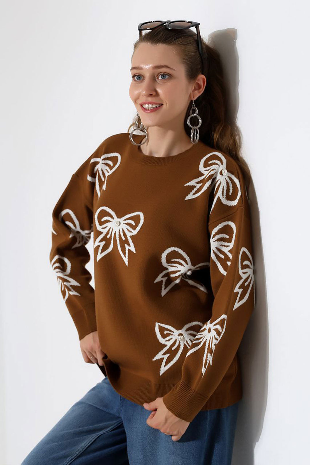 Brown Bow Patterned Knit Sweater BCES-252045 - Idaho Falls