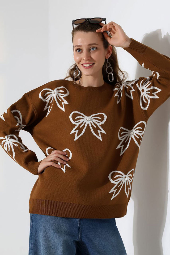 Brown Bow Patterned Knit Sweater BCES-252045 - Idaho Falls