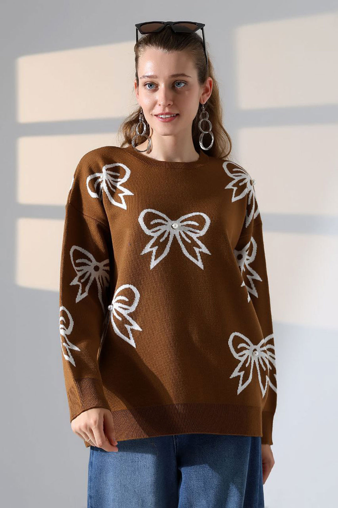 Brown Bow Patterned Knit Sweater BCES-252045 - Idaho Falls