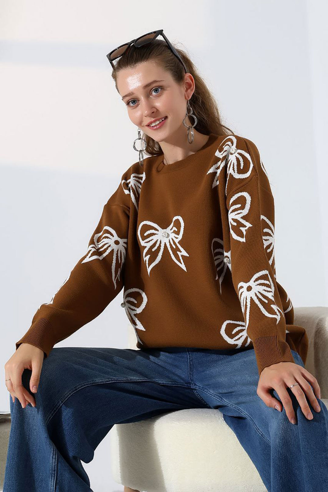 Brown Bow Patterned Knit Sweater BCES-252045 - Idaho Falls
