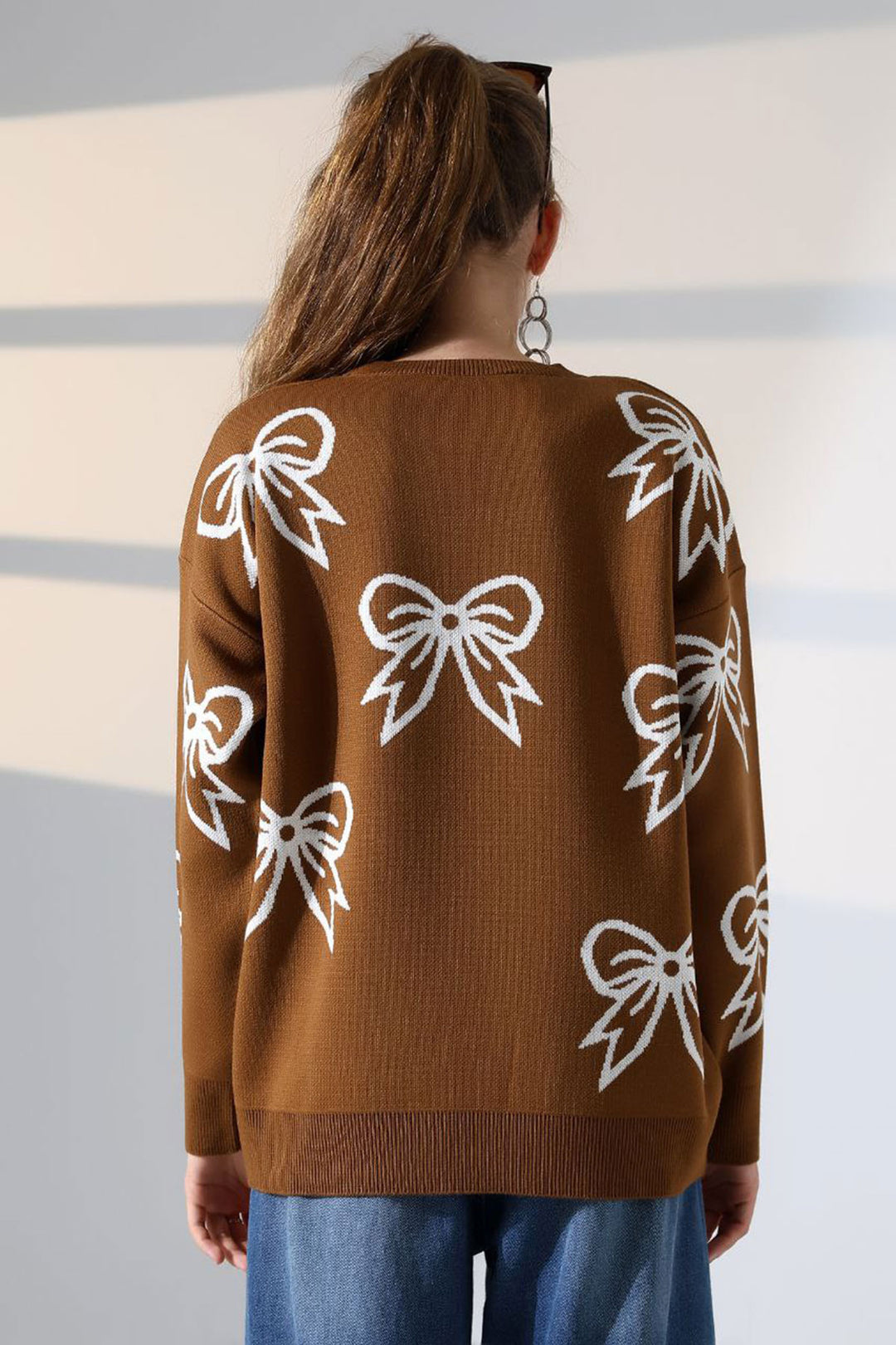 Brown Bow Patterned Knit Sweater BCES-252045 - Idaho Falls