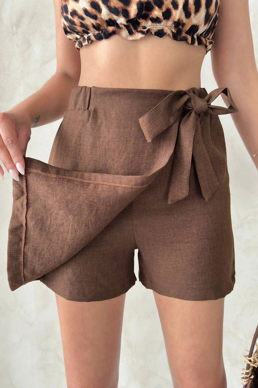 Brown Bow Front Split Woven Shorts Skirt BCHN-25255021 - Rancho Cucamonga