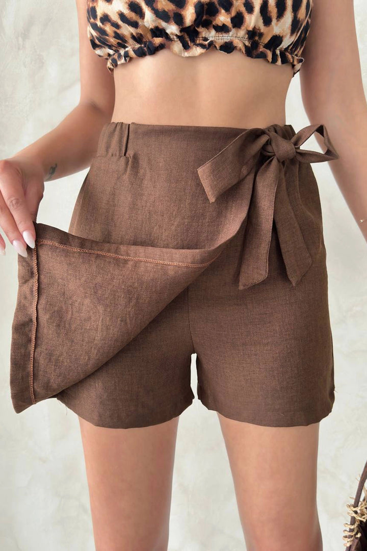 Brown Bow Front Split Woven Shorts Skirt BCHN-25255021 - Rancho Cucamonga