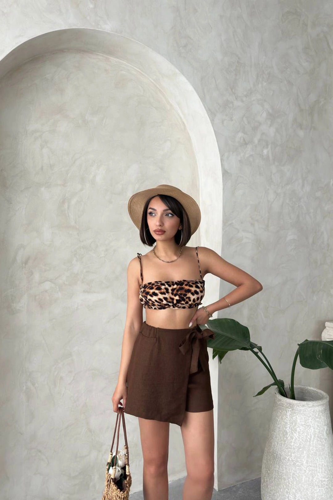 Brown Bow Front Split Woven Shorts Skirt BCHN-25255021 - Rancho Cucamonga