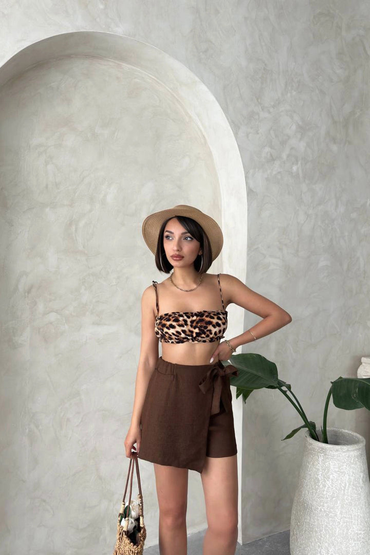 Brown Bow Front Split Woven Shorts Skirt BCHN-25255021 - Rancho Cucamonga