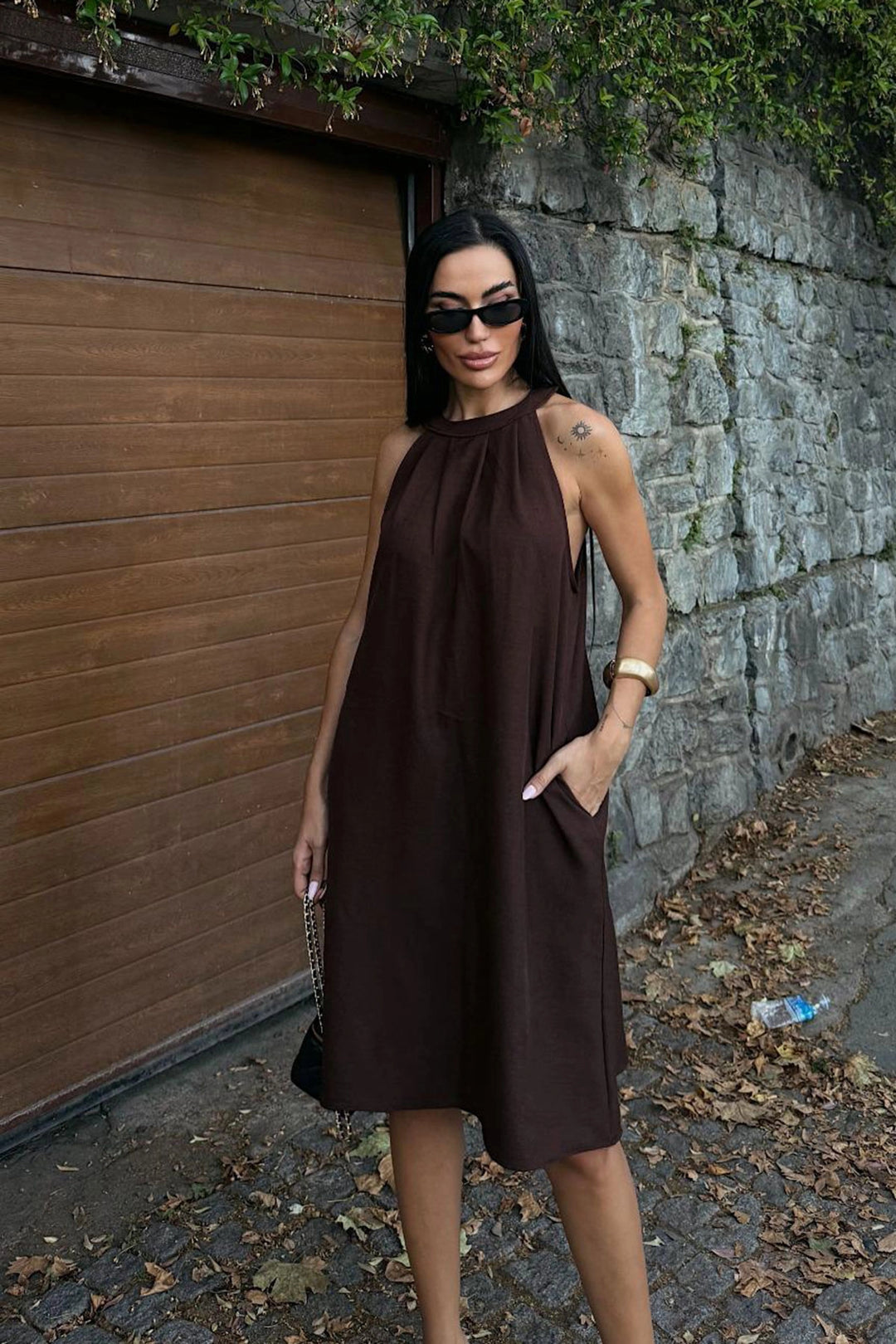 Brown Linen Woven Dress with Hidden Pockets BCDF-25255029 - Jackson